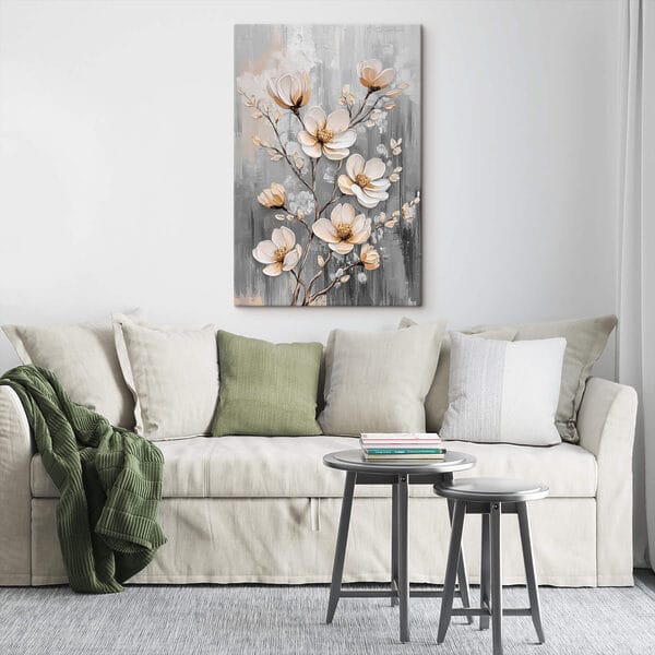 Gemälde mit Blumen auf grauem Hintergrund Gemälde mit Blumen auf grauem Hintergrund