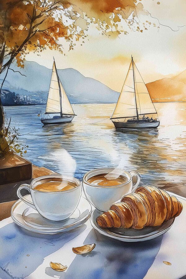 Aquarell von zwei Tassen Kaffee und einem Croissant auf einem Tisch Aquarell von zwei Tassen Kaffee und einem Croissant auf einem Tisch