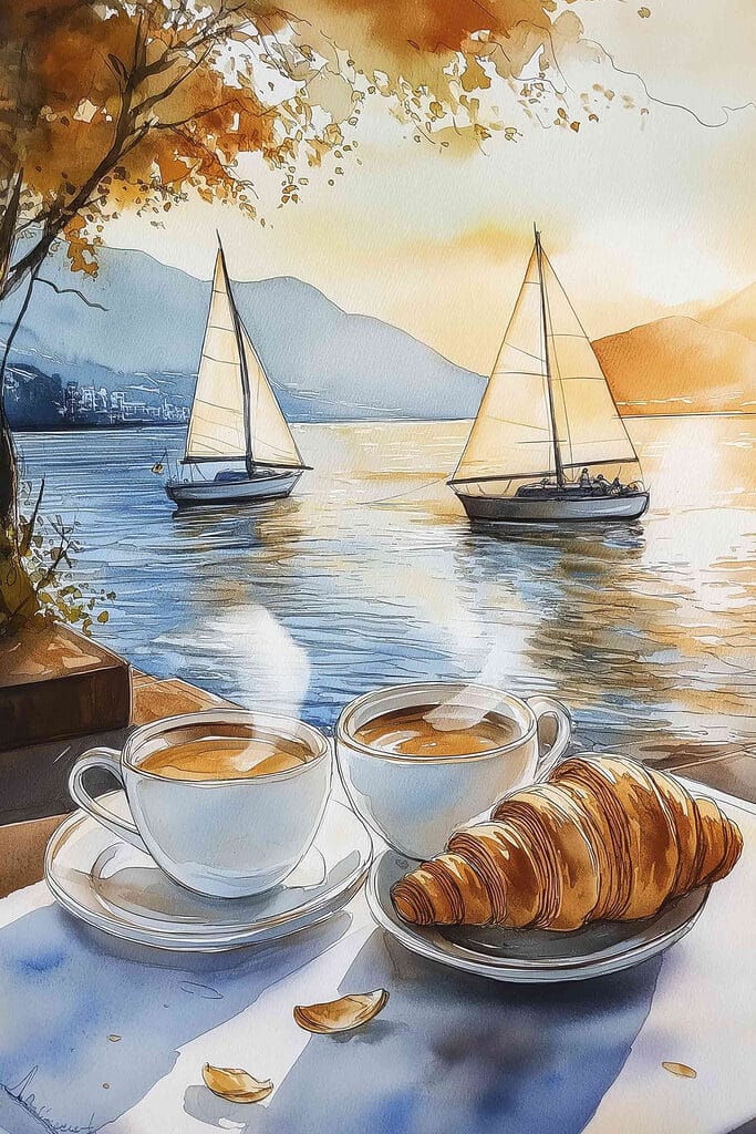Watercolor of two cups of coffee and a croissant on a table Watercolor of two cups of coffee and a croissant on a table