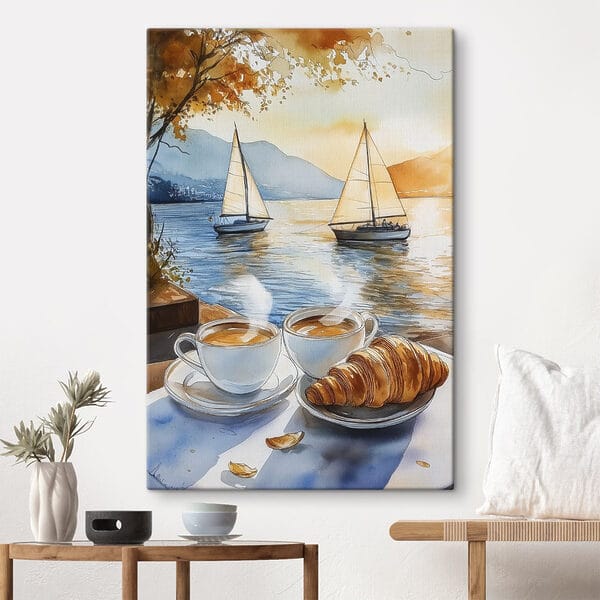 Aquarell von zwei Tassen Kaffee und einem Croissant auf einem Tisch Aquarell von zwei Tassen Kaffee und einem Croissant auf einem Tisch