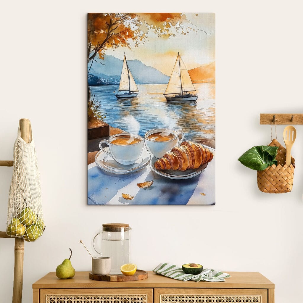 Watercolor of two cups of coffee and a croissant on a table Watercolor of two cups of coffee and a croissant on a table