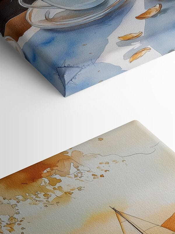 Aquarell von zwei Tassen Kaffee und einem Croissant auf einem Tisch Aquarell von zwei Tassen Kaffee und einem Croissant auf einem Tisch