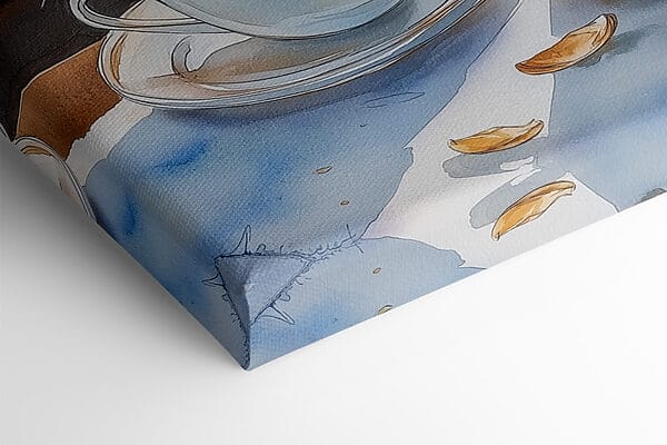 Aquarell von zwei Tassen Kaffee und einem Croissant auf einem Tisch Aquarell von zwei Tassen Kaffee und einem Croissant auf einem Tisch