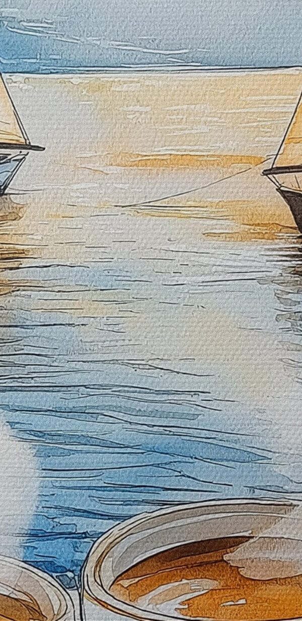 Aquarell von zwei Tassen Kaffee und einem Croissant auf einem Tisch Aquarell von zwei Tassen Kaffee und einem Croissant auf einem Tisch