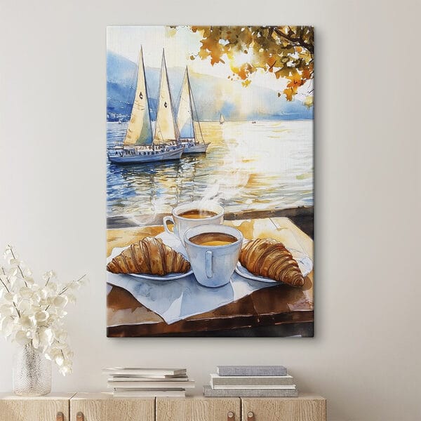 Aquarellmalerei eines Tisches mit Kaffee und Croissants Aquarellmalerei eines Tisches mit Kaffee und Croissants