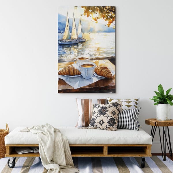 Aquarellmalerei eines Tisches mit Kaffee und Croissants Aquarellmalerei eines Tisches mit Kaffee und Croissants