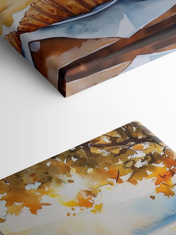 Aquarellmalerei eines Tisches mit Kaffee und Croissants Aquarellmalerei eines Tisches mit Kaffee und Croissants