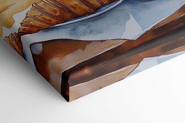 Aquarellmalerei eines Tisches mit Kaffee und Croissants Aquarellmalerei eines Tisches mit Kaffee und Croissants