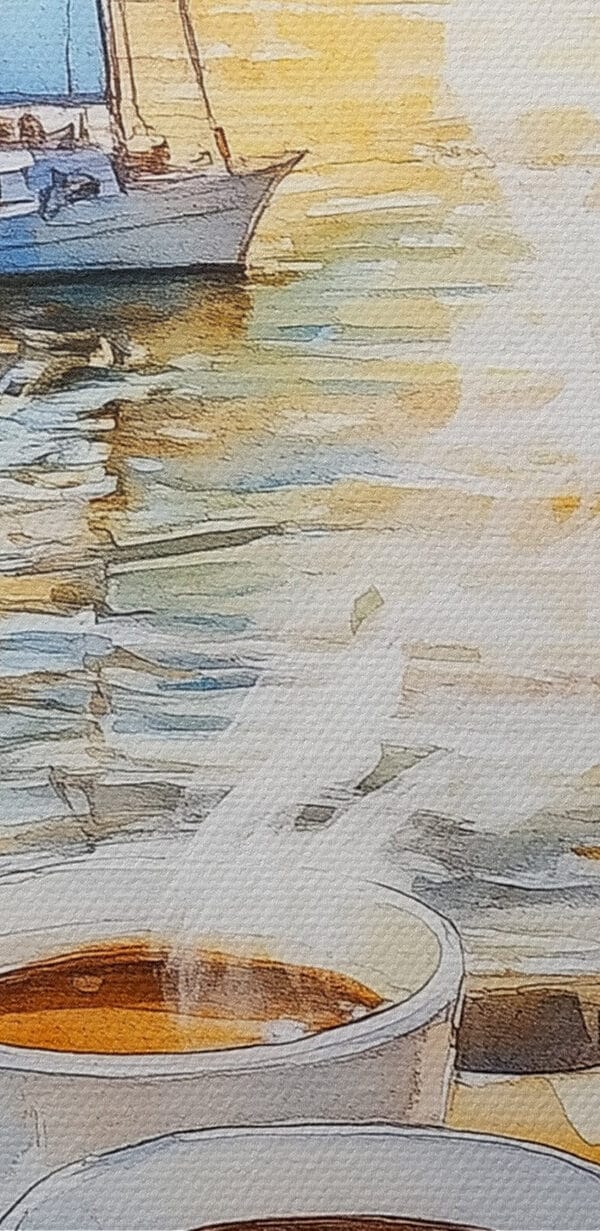 Aquarellmalerei eines Tisches mit Kaffee und Croissants Aquarellmalerei eines Tisches mit Kaffee und Croissants