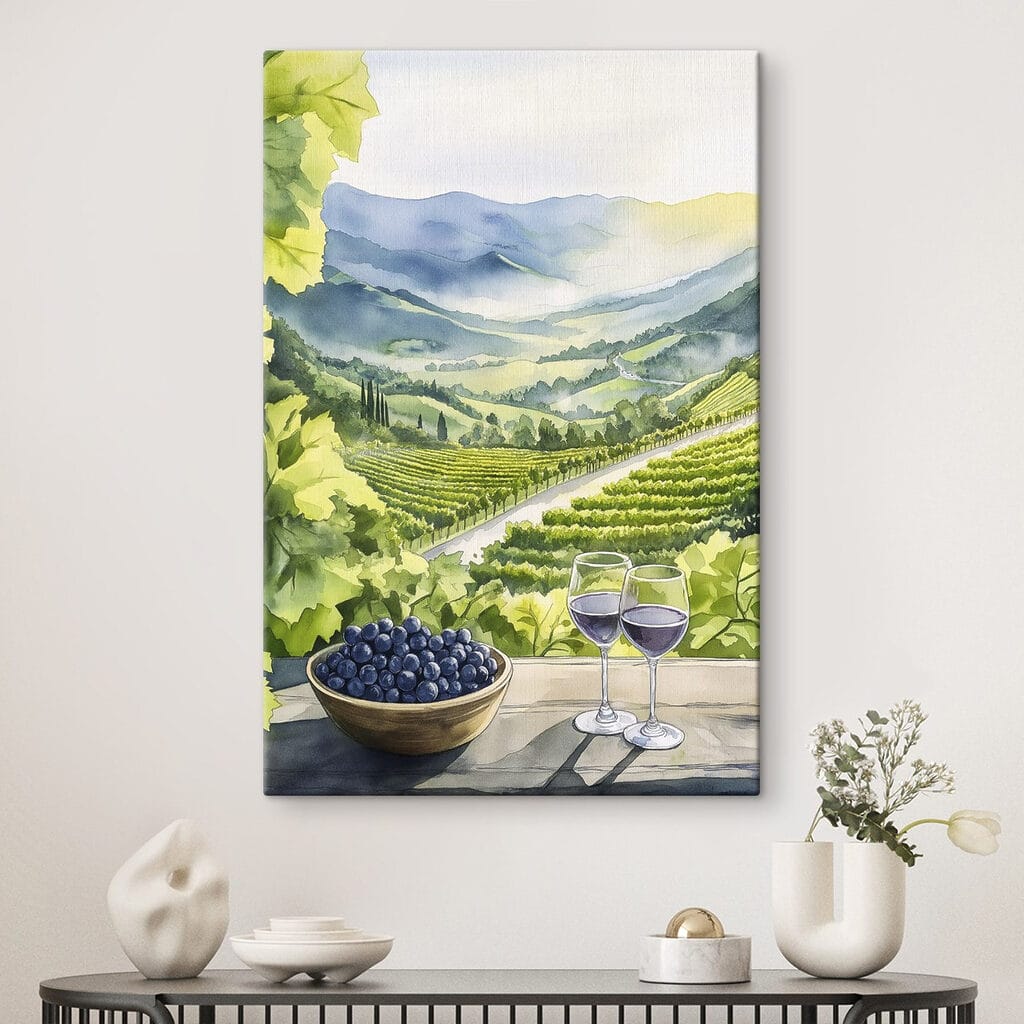 Painting of wine glasses and grapes on a table in front of a vineyard