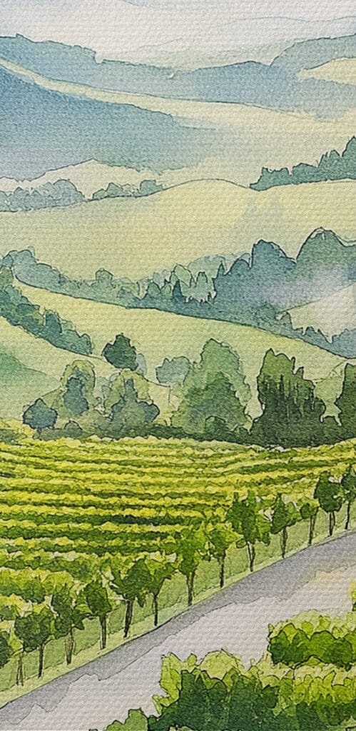 Painting of wine glasses and grapes on a table in front of a vineyard