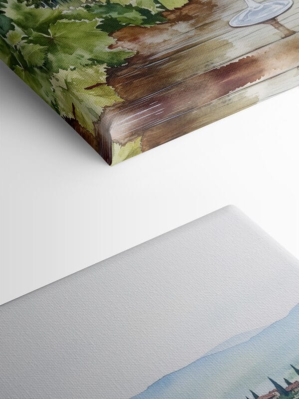 Aquarell von Weingläsern auf einem Tisch mit Trauben und Hügeln im Hintergrund Aquarell von Weingläsern auf einem Tisch mit Trauben und Hügeln im Hintergrund