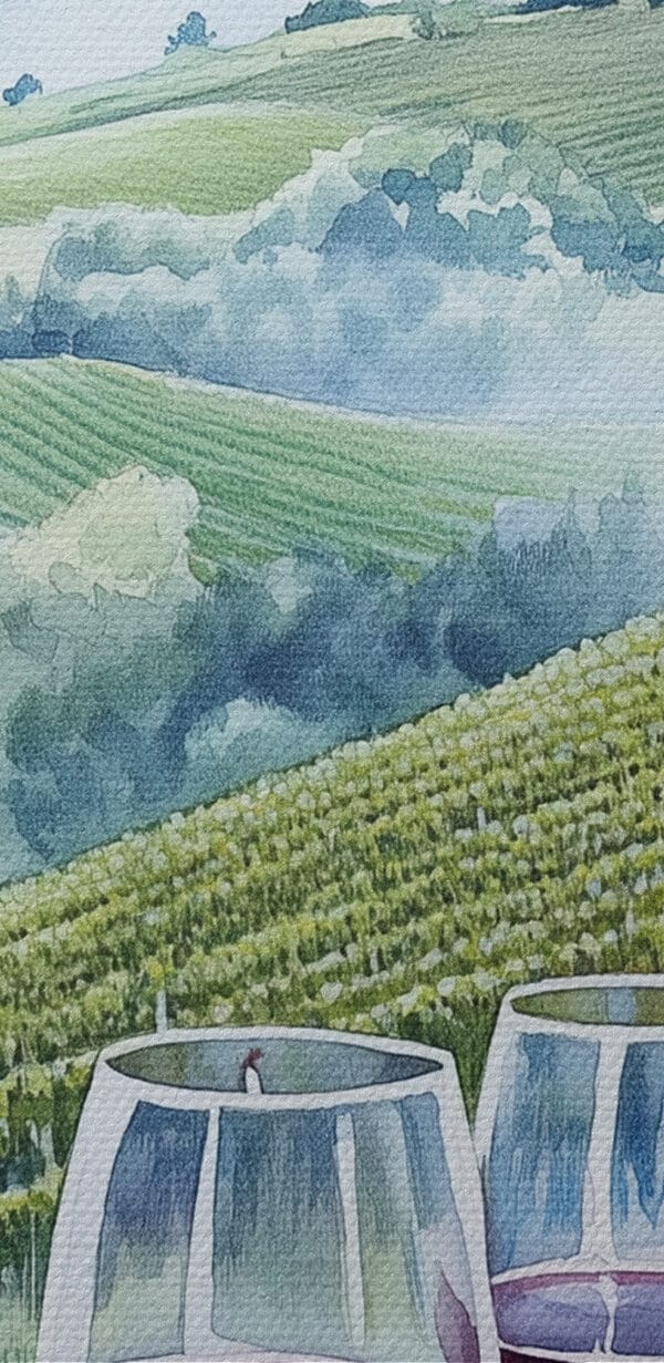 Aquarell von Weingläsern auf einem Tisch mit Trauben und Hügeln im Hintergrund Aquarell von Weingläsern auf einem Tisch mit Trauben und Hügeln im Hintergrund