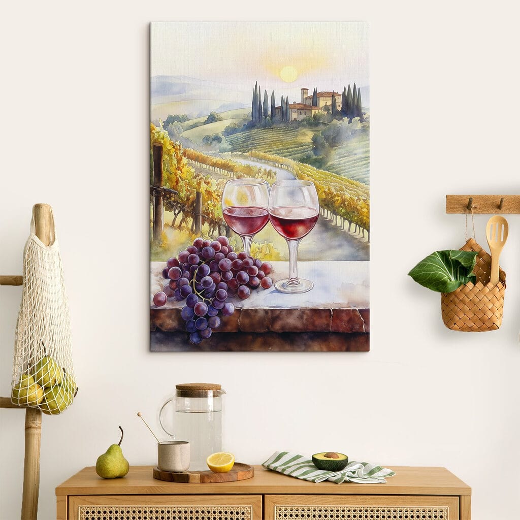 Watercolor painting of wine glasses and grapes