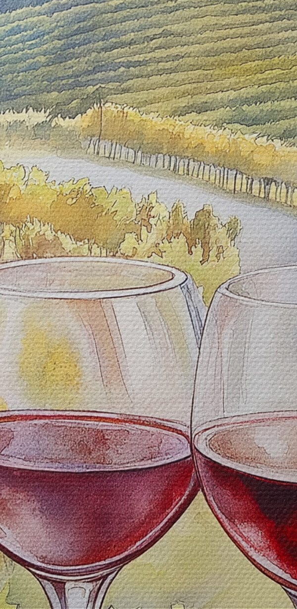 Aquarellmalerei von Weingläsern und Trauben Aquarellmalerei von Weingläsern und Trauben