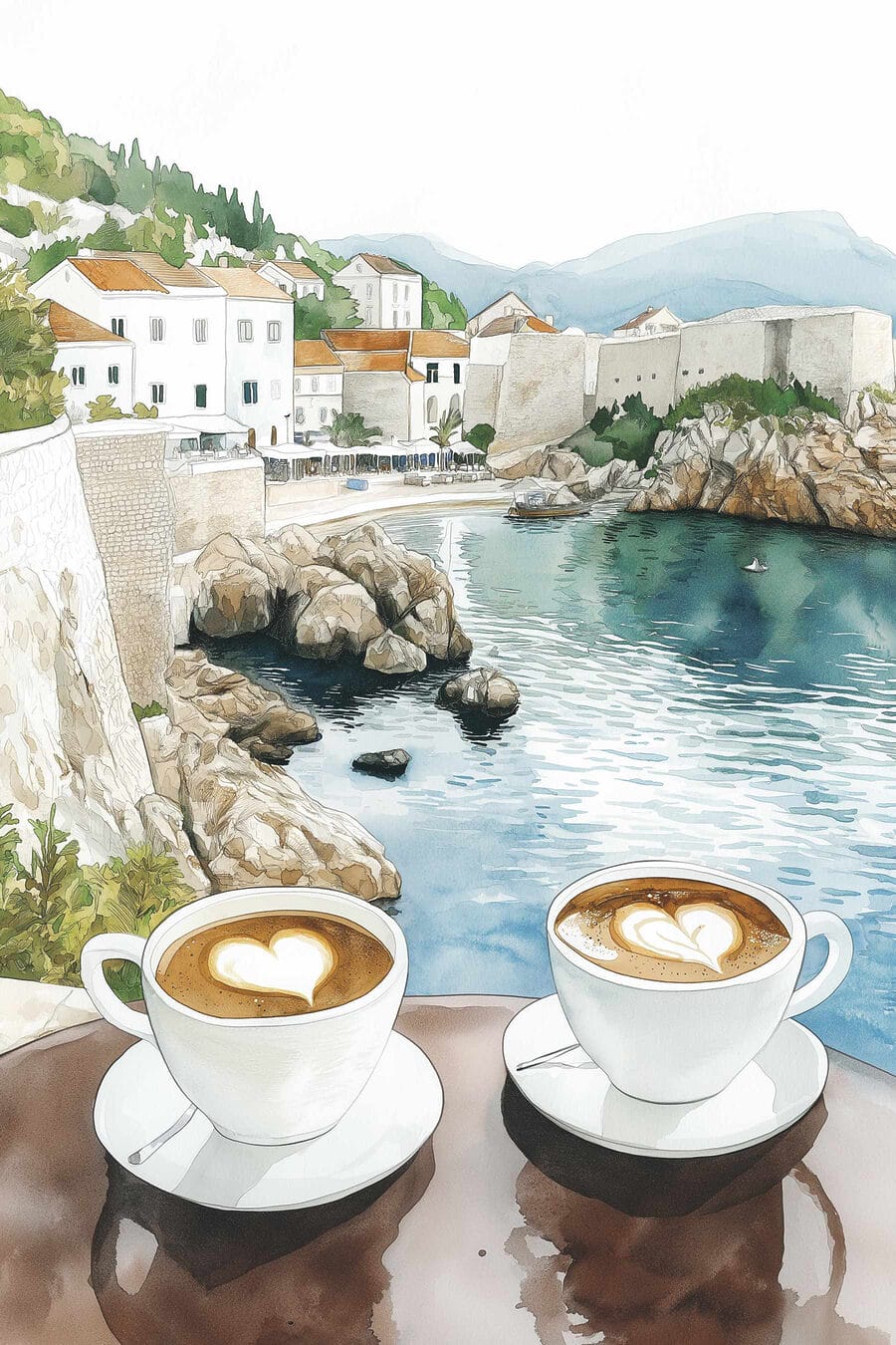 Zwei Tassen Kaffee mit einem herzförmigen Schaum auf einem Tisch mit Blick auf ein Gewässer Zwei Tassen Kaffee mit einem herzförmigen Schaum auf einem Tisch mit Blick auf ein Gewässer