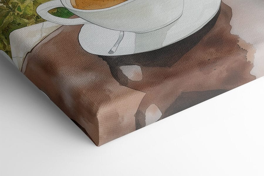 Zwei Tassen Kaffee mit einem herzförmigen Schaum auf einem Tisch mit Blick auf ein Gewässer Zwei Tassen Kaffee mit einem herzförmigen Schaum auf einem Tisch mit Blick auf ein Gewässer