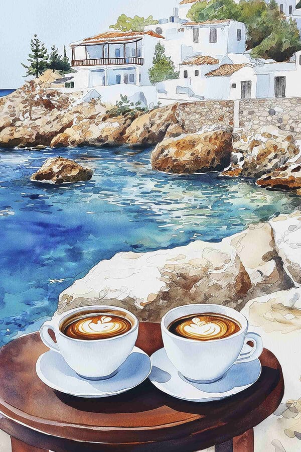 Zwei Tassen Kaffee auf einem Tisch neben einer Wasserfläche Zwei Tassen Kaffee auf einem Tisch neben einer Wasserfläche