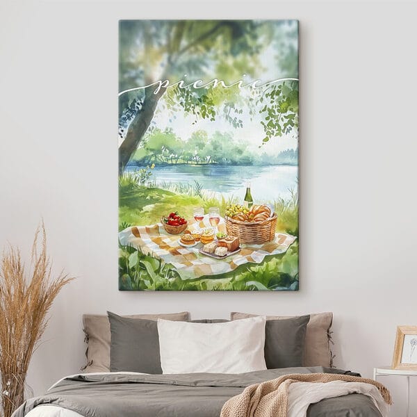 Aquarellmalerei eines Picknicks mit Essen und Wein auf einer Decke am See Wandbilder Aquarellmalerei eines Picknicks mit Essen und Wein auf einer Decke am See