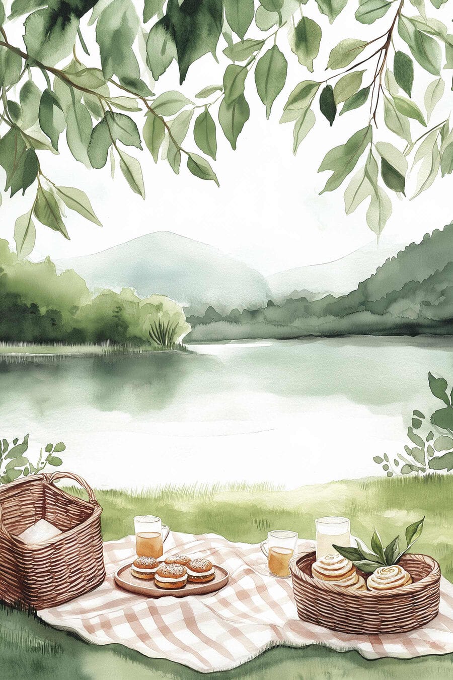 Aquarellmalerei einer Picknickdecke mit einem Korb und Essen darauf Aquarellmalerei einer Picknickdecke mit einem Korb und Essen darauf