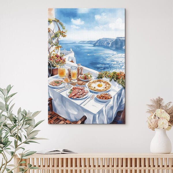 Aquarellmalerei von Essen auf einem Tisch mit Blick auf ein Gewässer Aquarellmalerei von Essen auf einem Tisch mit Blick auf ein Gewässer