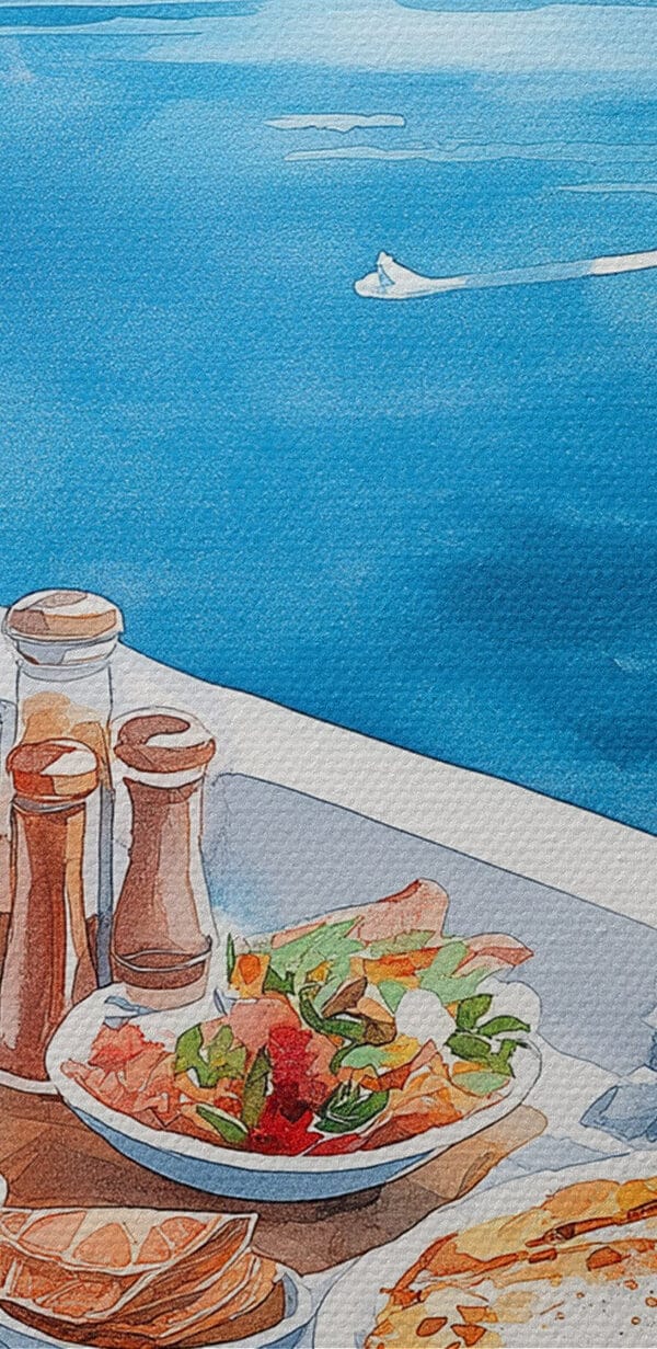 Aquarellmalerei von Essen auf einem Tisch mit Blick auf ein Gewässer Aquarellmalerei von Essen auf einem Tisch mit Blick auf ein Gewässer