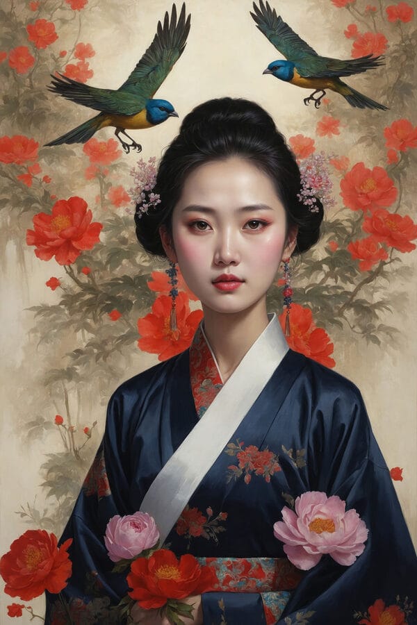 Frau im Kimono mit Blumen und Vögeln Frau im Kimono mit Blumen und Vögeln