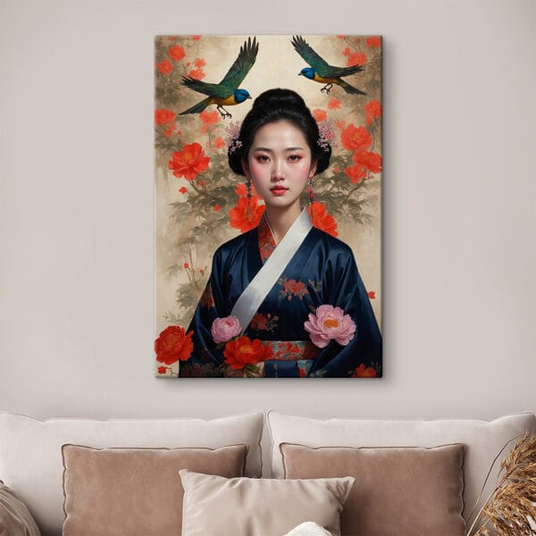 Frau im Kimono mit Blumen und Vögeln Frau im Kimono mit Blumen und Vögeln