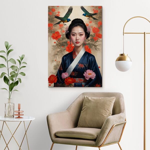 Frau im Kimono mit Blumen und Vögeln Frau im Kimono mit Blumen und Vögeln