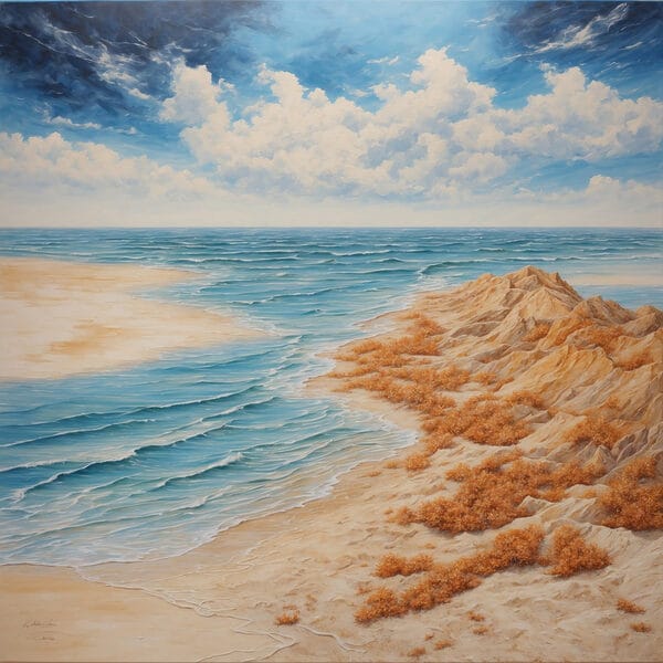 Gemälde eines Strandes mit Sand und Wasser Gemälde eines Strandes mit Sand und Wasser
