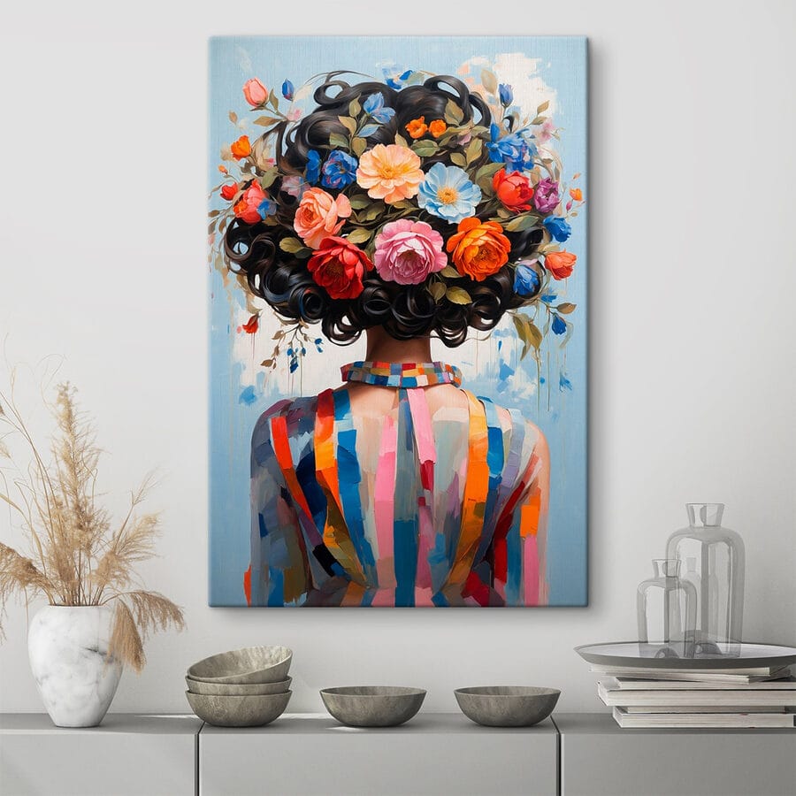 Gemälde einer Frau mit Blumen auf dem Kopf Gemälde einer Frau mit Blumen auf dem Kopf