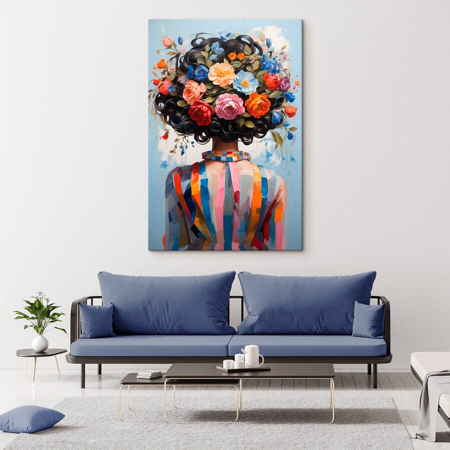 Gemälde einer Frau mit Blumen auf dem Kopf Gemälde einer Frau mit Blumen auf dem Kopf