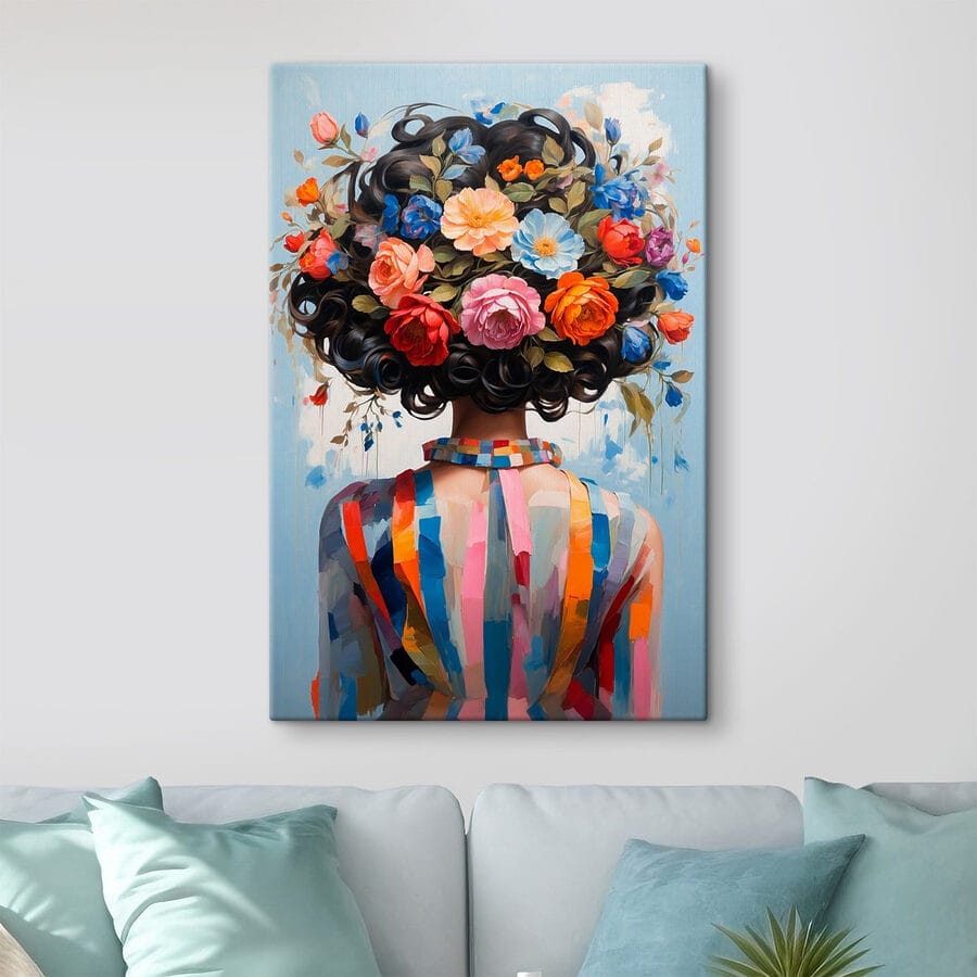 Gemälde einer Frau mit Blumen auf dem Kopf Gemälde einer Frau mit Blumen auf dem Kopf