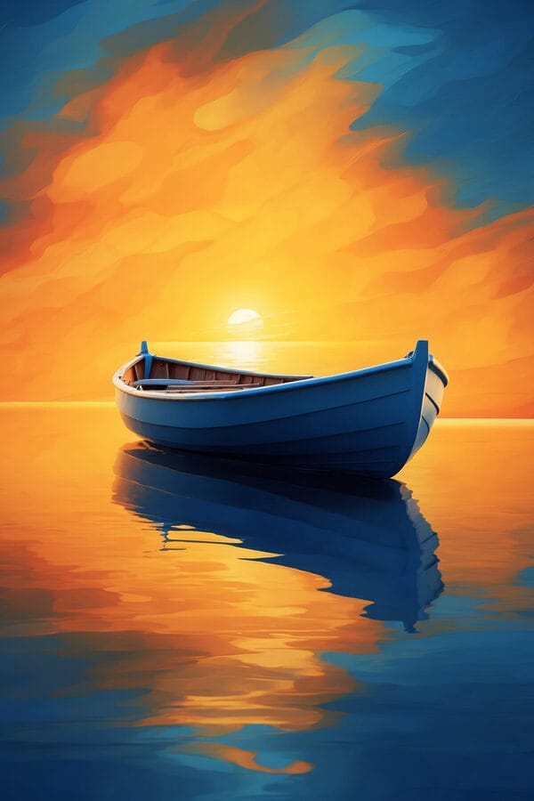 Boot auf dem Wasser mit Sonnenuntergang im Hintergrund Boot auf dem Wasser mit Sonnenuntergang im Hintergrund