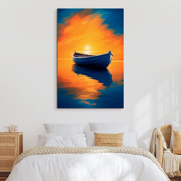 Boot auf dem Wasser mit Sonnenuntergang im Hintergrund Boot auf dem Wasser mit Sonnenuntergang im Hintergrund