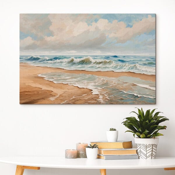 Gemälde von Wellen, die an einen Strand schlagen Gemälde von Wellen, die an einen Strand schlagen