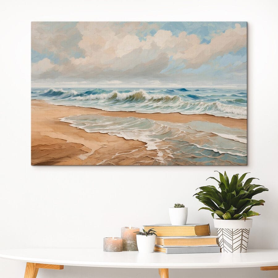 Gemälde von Wellen, die an einen Strand schlagen Gemälde von Wellen, die an einen Strand schlagen