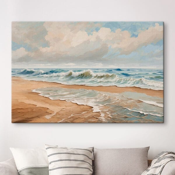 Gemälde von Wellen, die an einen Strand schlagen Gemälde von Wellen, die an einen Strand schlagen
