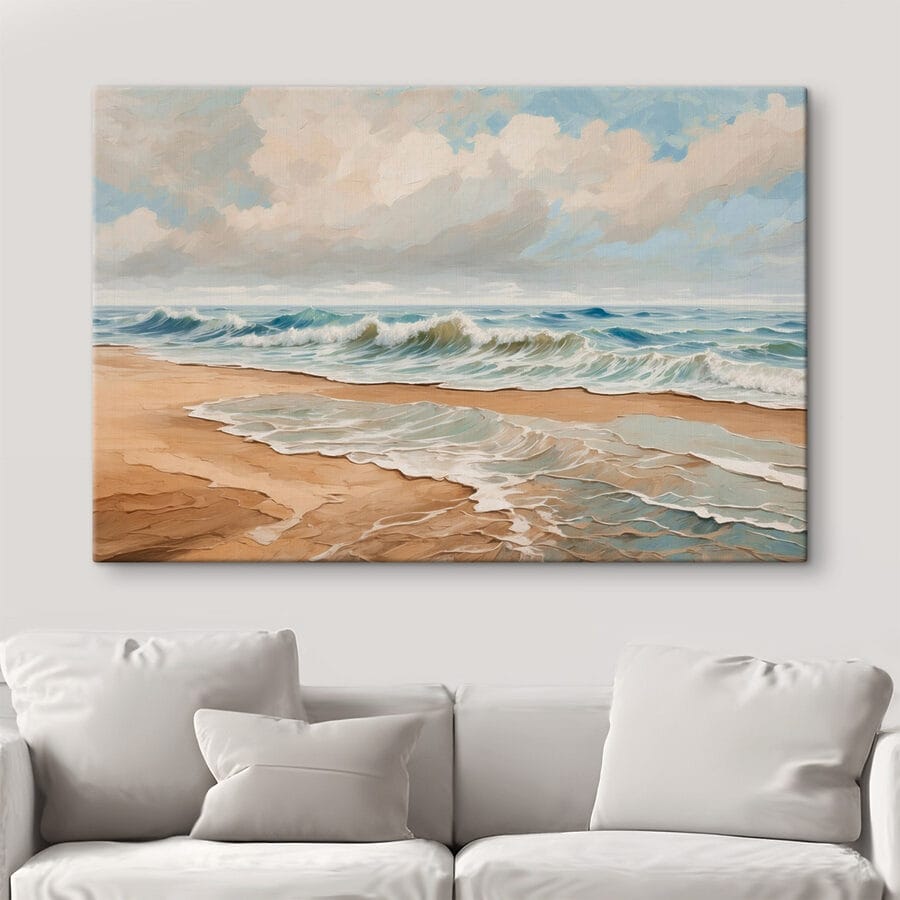Gemälde von Wellen, die an einen Strand schlagen Gemälde von Wellen, die an einen Strand schlagen
