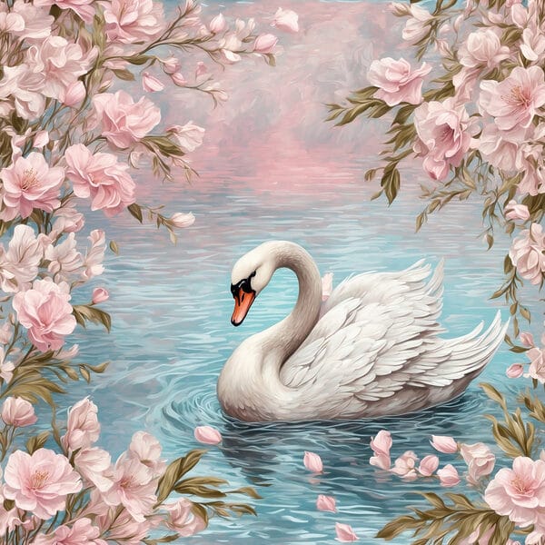 Schwan schwimmt im Wasser mit rosa Blumen Schwan schwimmt im Wasser mit rosa Blumen