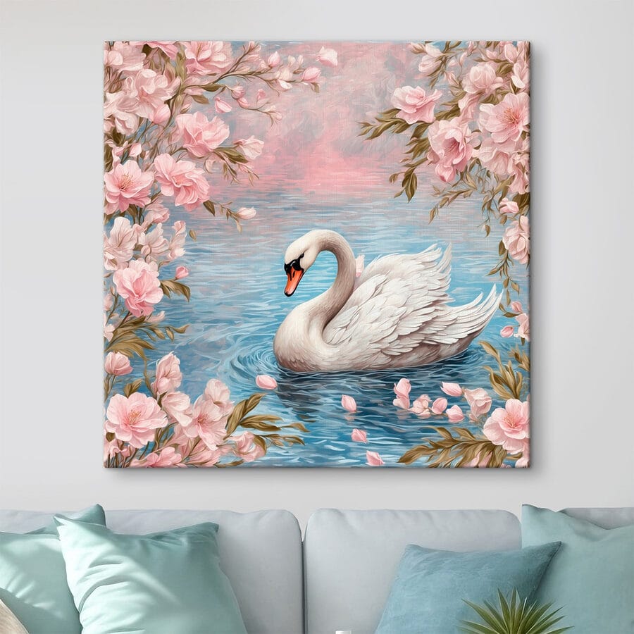 Schwan schwimmt im Wasser mit rosa Blumen Schwan schwimmt im Wasser mit rosa Blumen