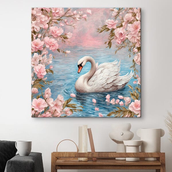 Schwan schwimmt im Wasser mit rosa Blumen Schwan schwimmt im Wasser mit rosa Blumen