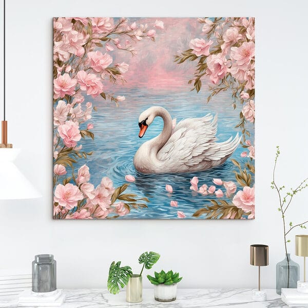 Schwan schwimmt im Wasser mit rosa Blumen Schwan schwimmt im Wasser mit rosa Blumen