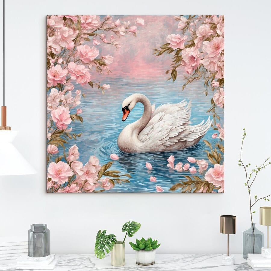 Schwan schwimmt im Wasser mit rosa Blumen Schwan schwimmt im Wasser mit rosa Blumen