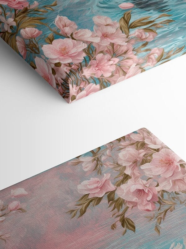 Schwan schwimmt im Wasser mit rosa Blumen Schwan schwimmt im Wasser mit rosa Blumen