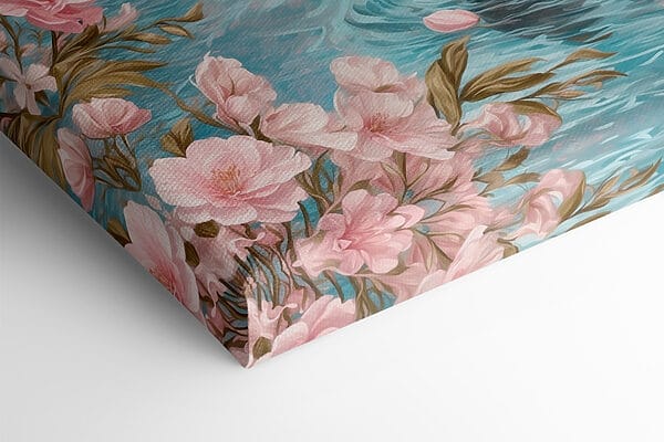 Schwan schwimmt im Wasser mit rosa Blumen Schwan schwimmt im Wasser mit rosa Blumen