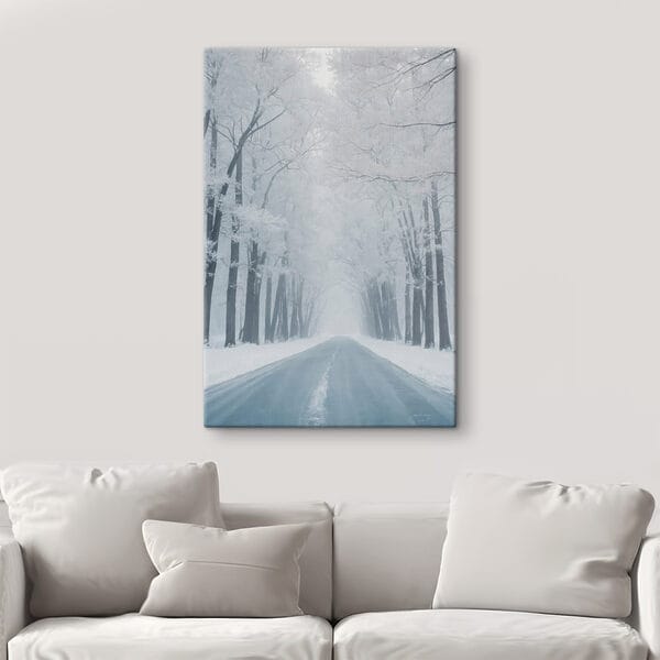 Straße mit schneebedeckten Bäumen Straße mit schneebedeckten Bäumen