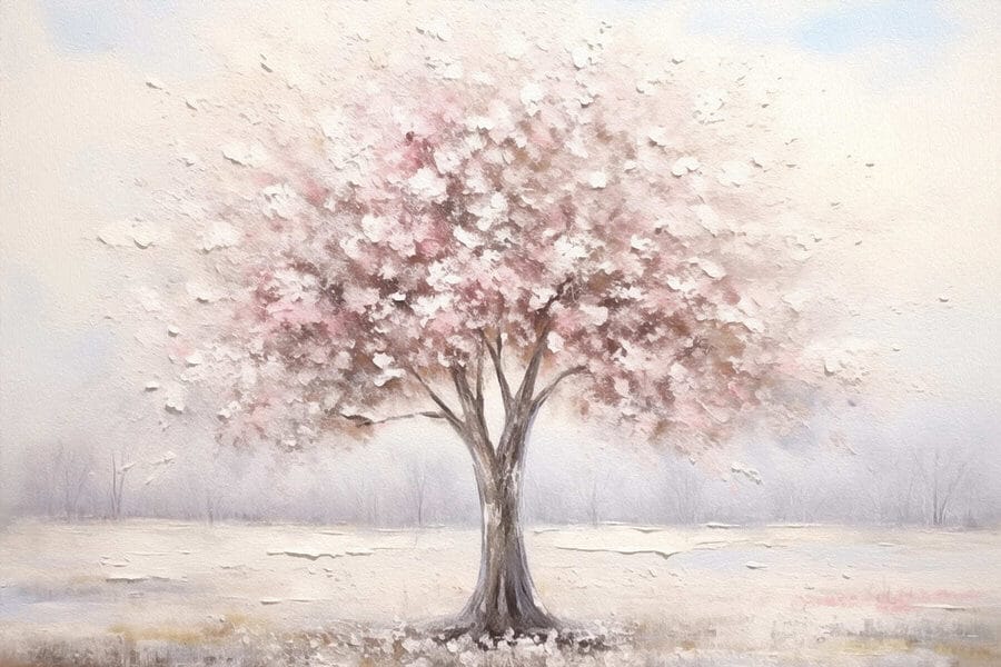 Gemälde eines Baumes mit rosa Blumen