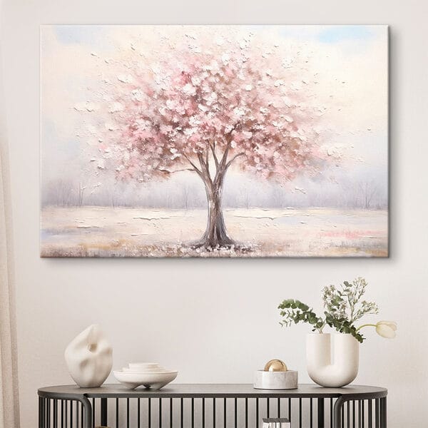 Gemälde eines Baumes mit rosa Blumen Gemälde eines Baumes mit rosa Blumen