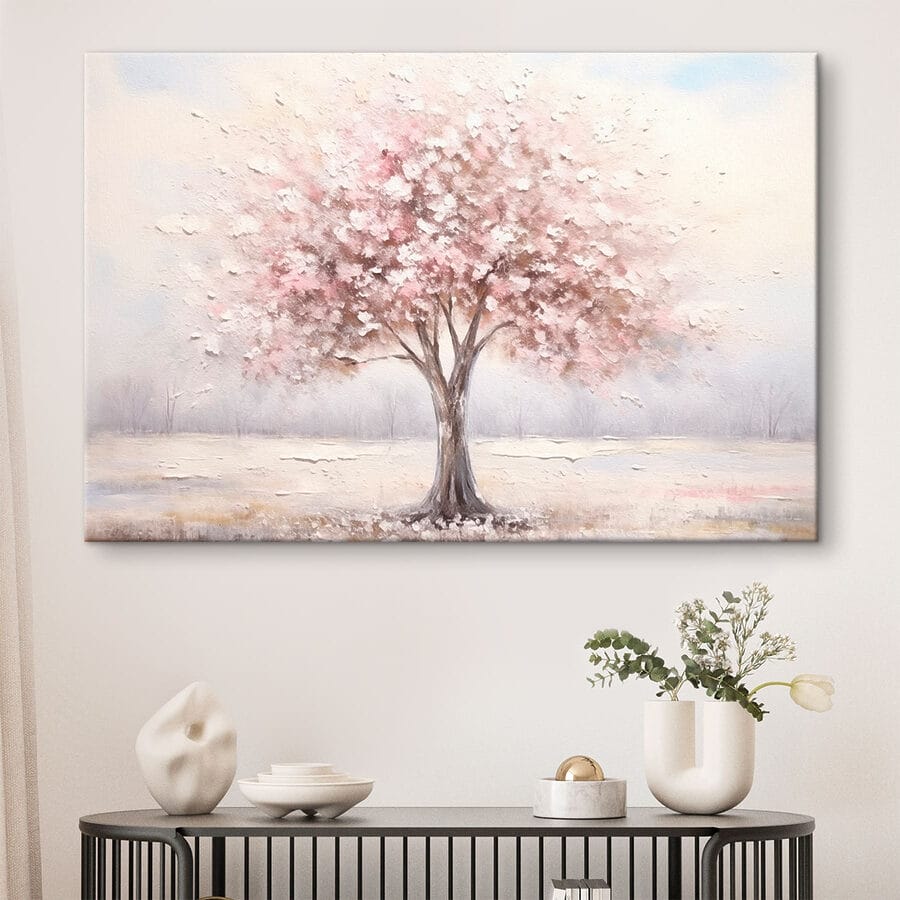 Gemälde eines Baumes mit rosa Blumen